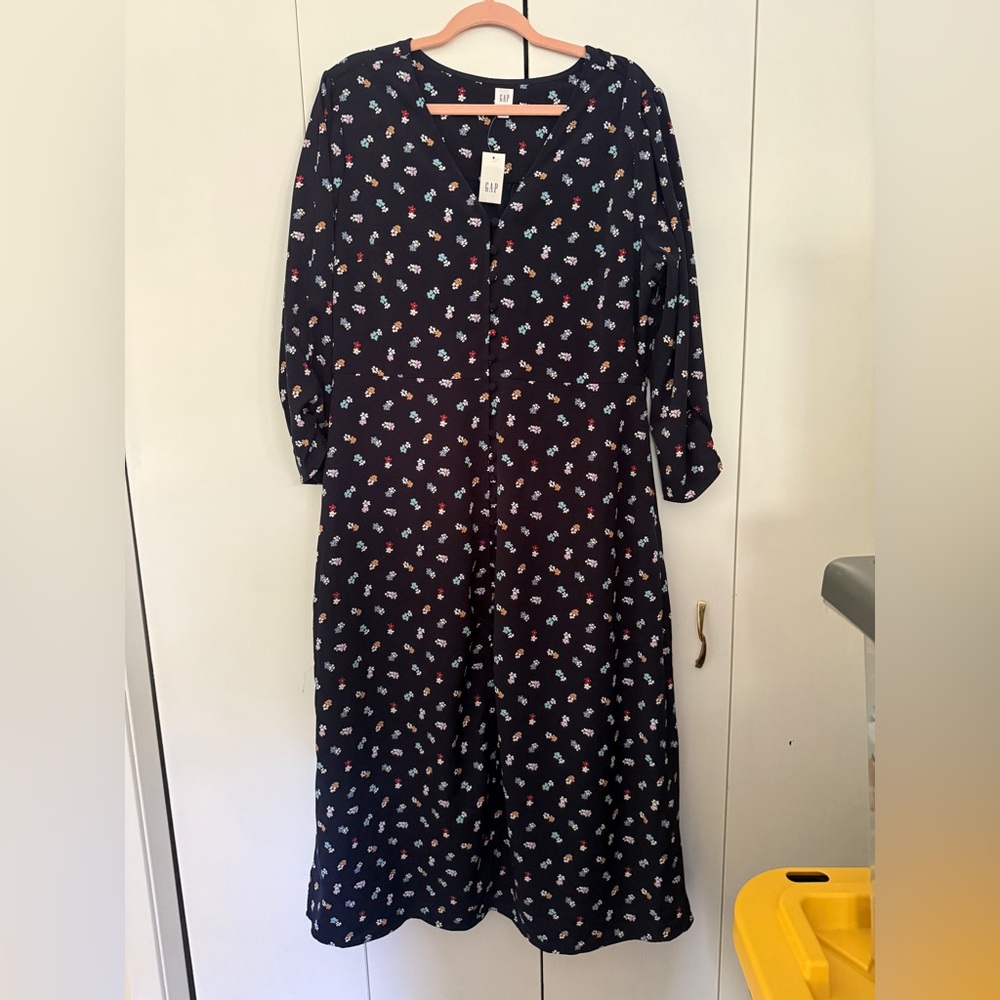GAP Navy Floral Long Sleeve Button-down Dress - Picture 2 of 7